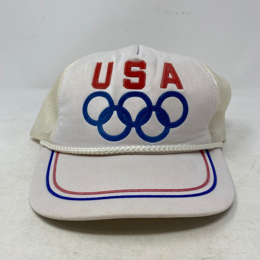 Vintage USA Olympic Rings Trucker Hat White Snapback Clutch Drew Pearson Korea